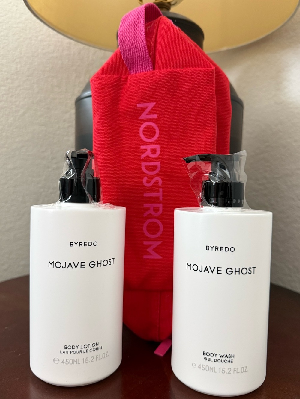 Byredo Mojave Ghost Body Lotion & Body Wash - White and Nordstrom toiletry bag